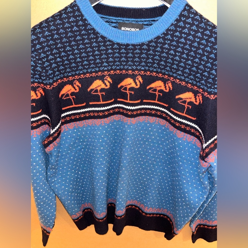 BONOBOS Men's Large Merino Wool Limited Edition Flamingo Sweater MSRP $129 Mint